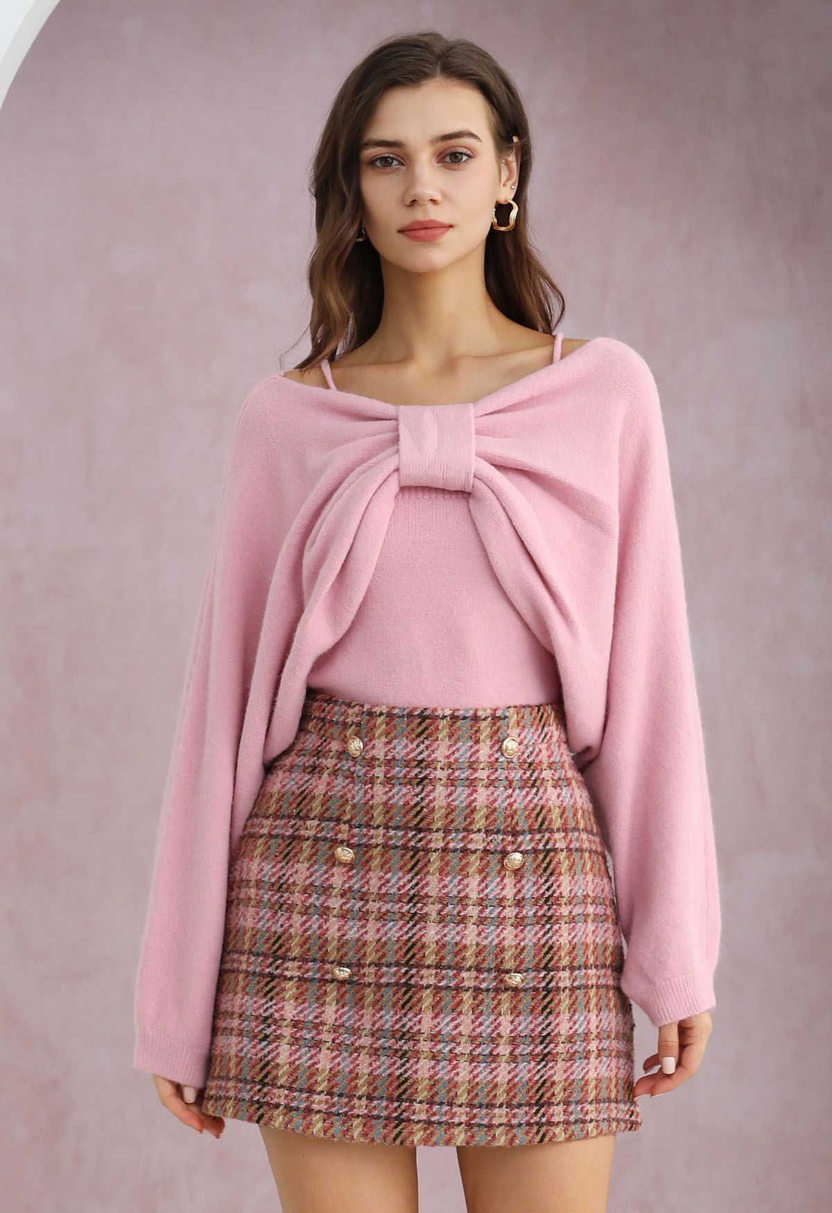 Ensemble haut à nœud papillon et pull envoûtant en rose