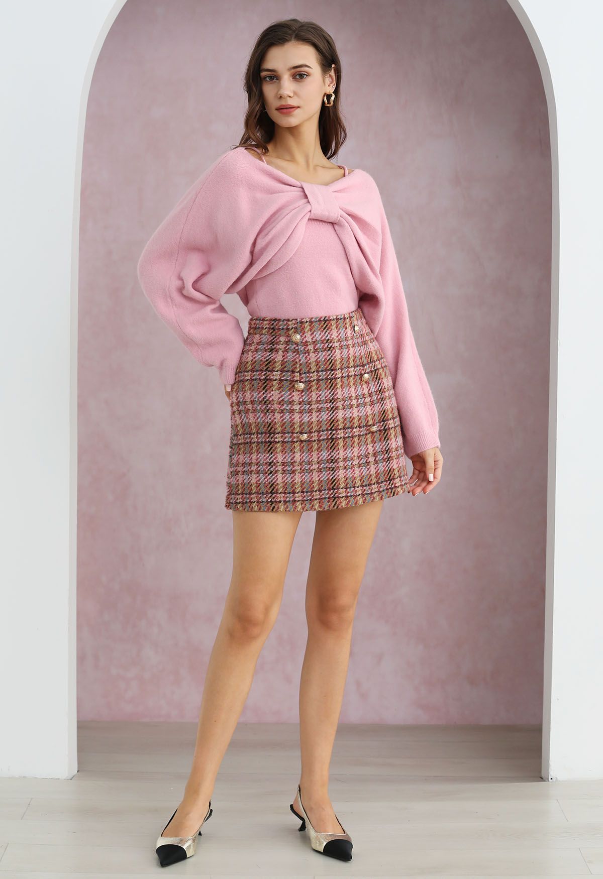 Ensemble haut à nœud papillon et pull envoûtant en rose