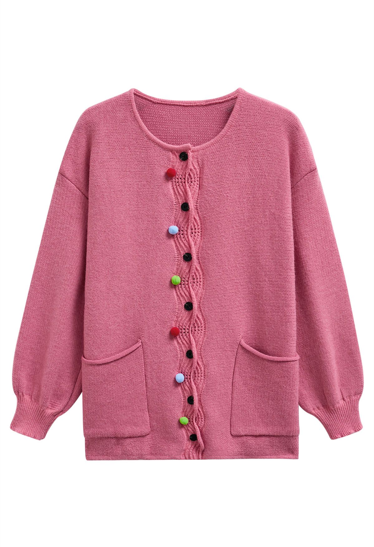 Cardigan en tricot à poches plaquées avec boutons ondulés et pompons colorés en rose