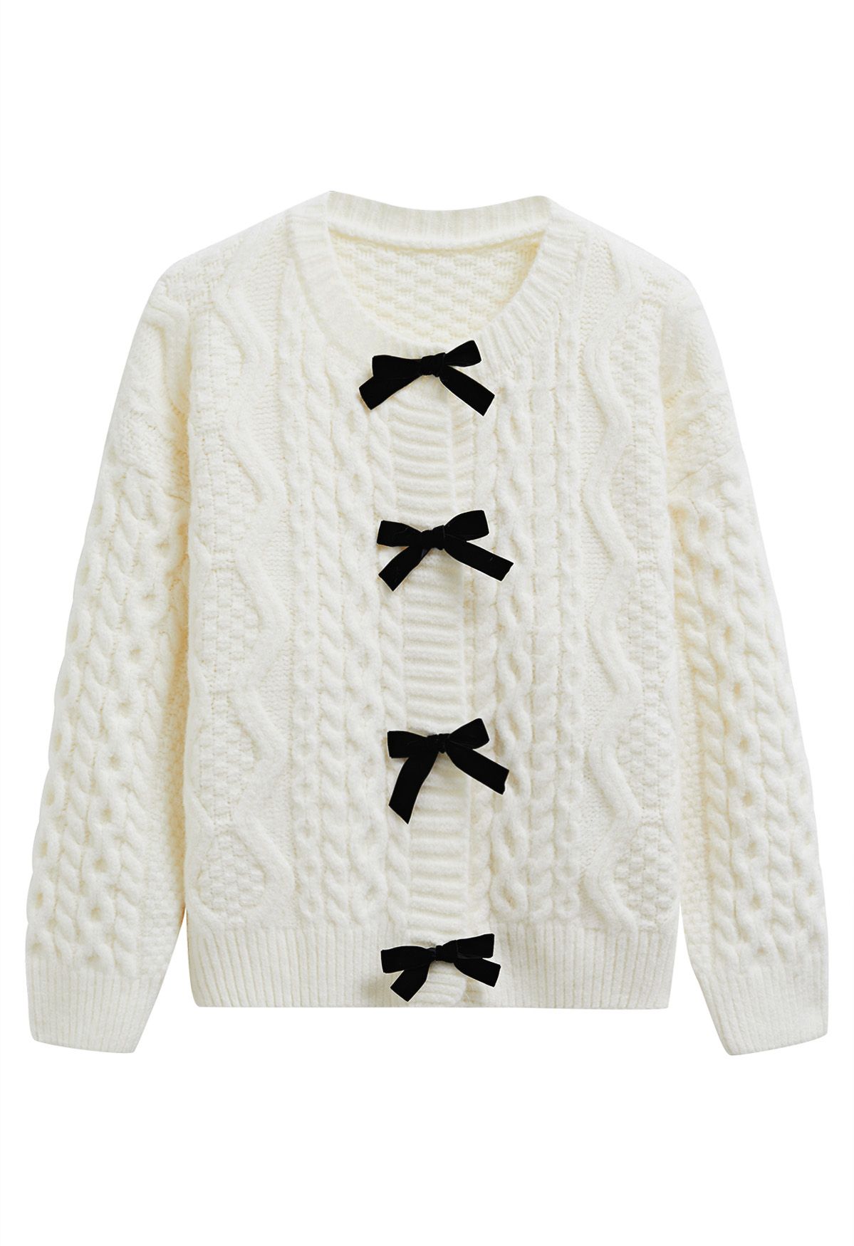 Cardigan en tricot tressé avec boutons-pression et nœud papillon en blanc