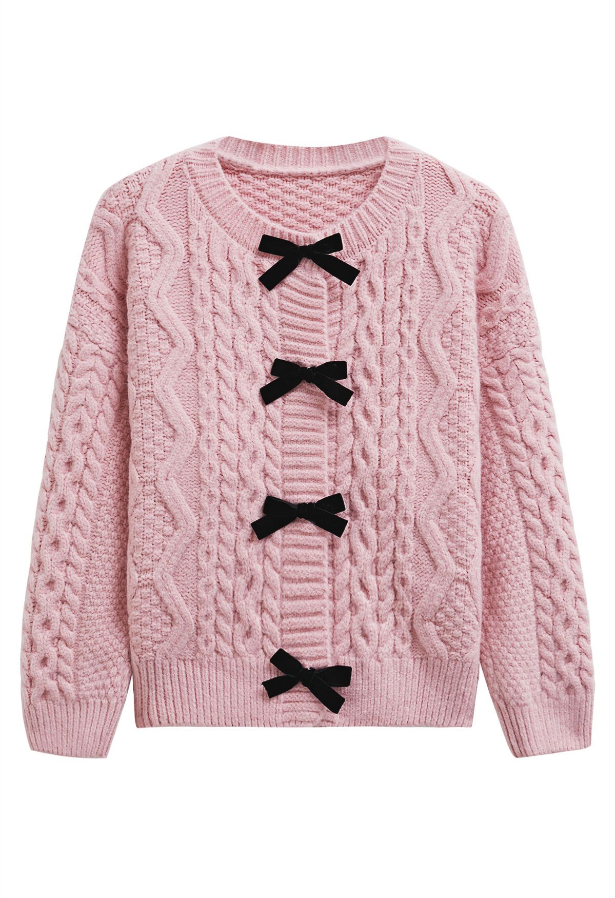 Cardigan en tricot tressé à boutons-pression et nœud papillon en rose