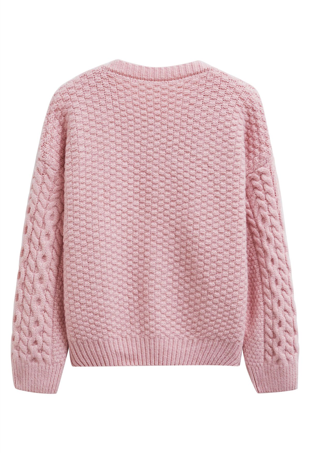 Cardigan en tricot tressé à boutons-pression et nœud papillon en rose