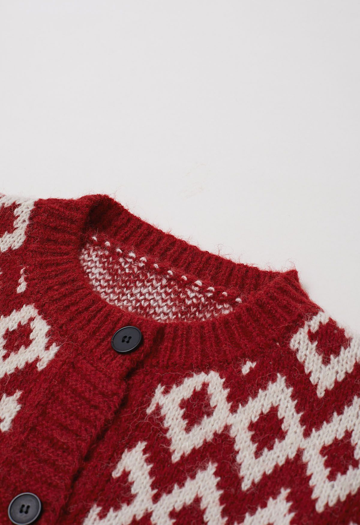 Cardigan boutonné en tricot géométrique festif en rouge