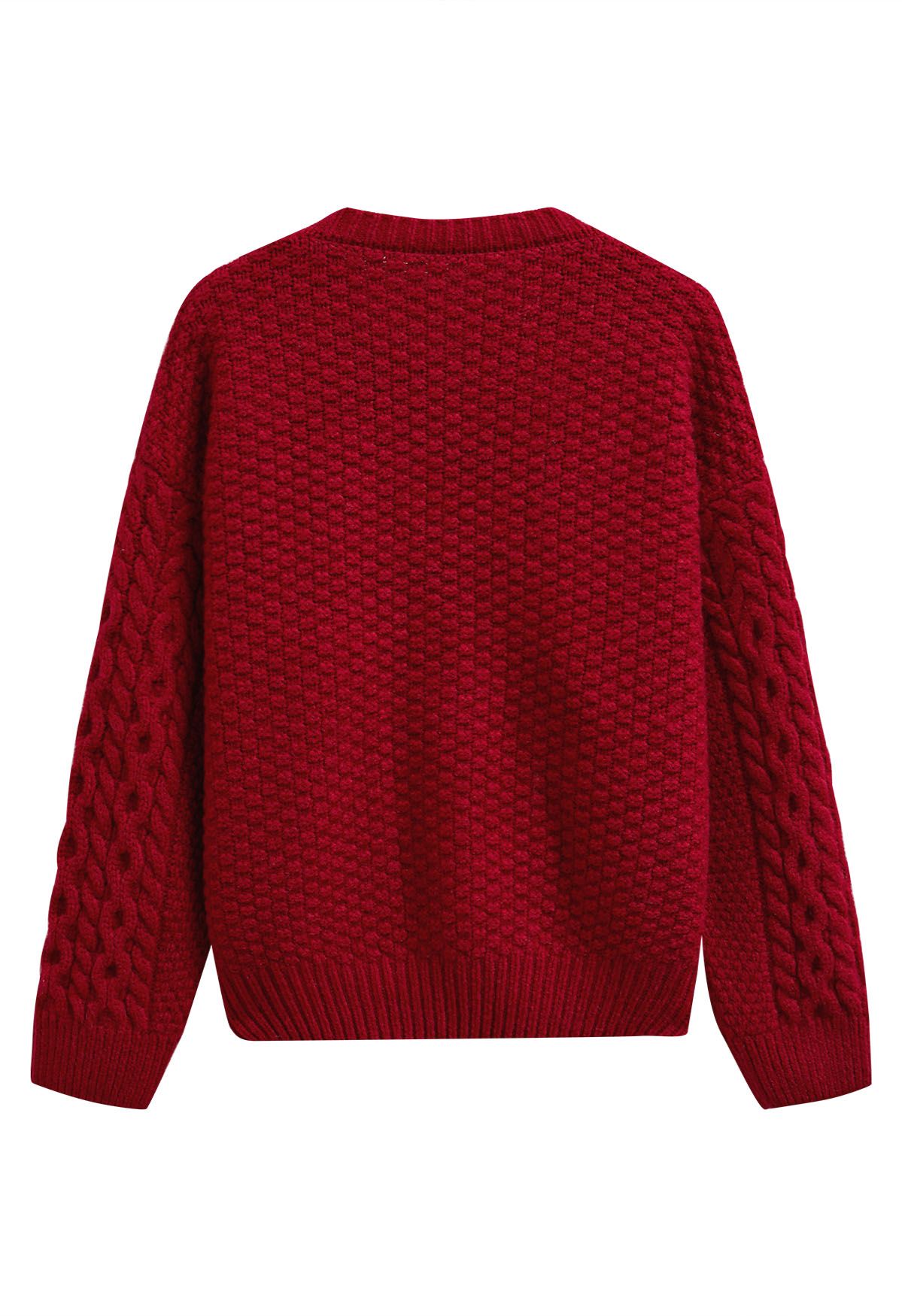 Cardigan en tricot tressé avec boutons-pression et nœud papillon en rouge