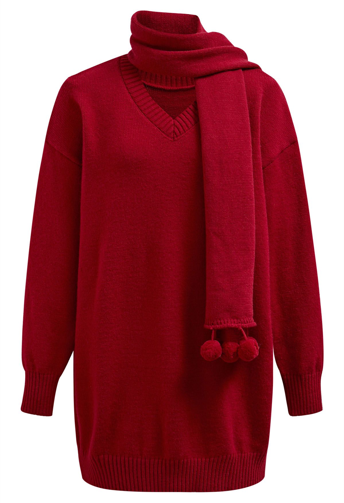 Robe pull en tricot rouge confortable à épaules tombantes avec écharpe à pompons