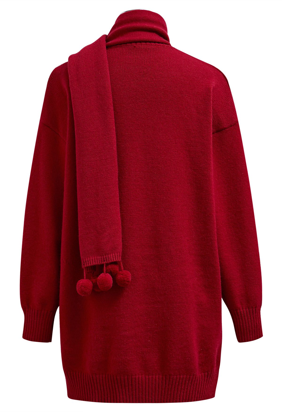 Robe pull en tricot rouge confortable à épaules tombantes avec écharpe à pompons