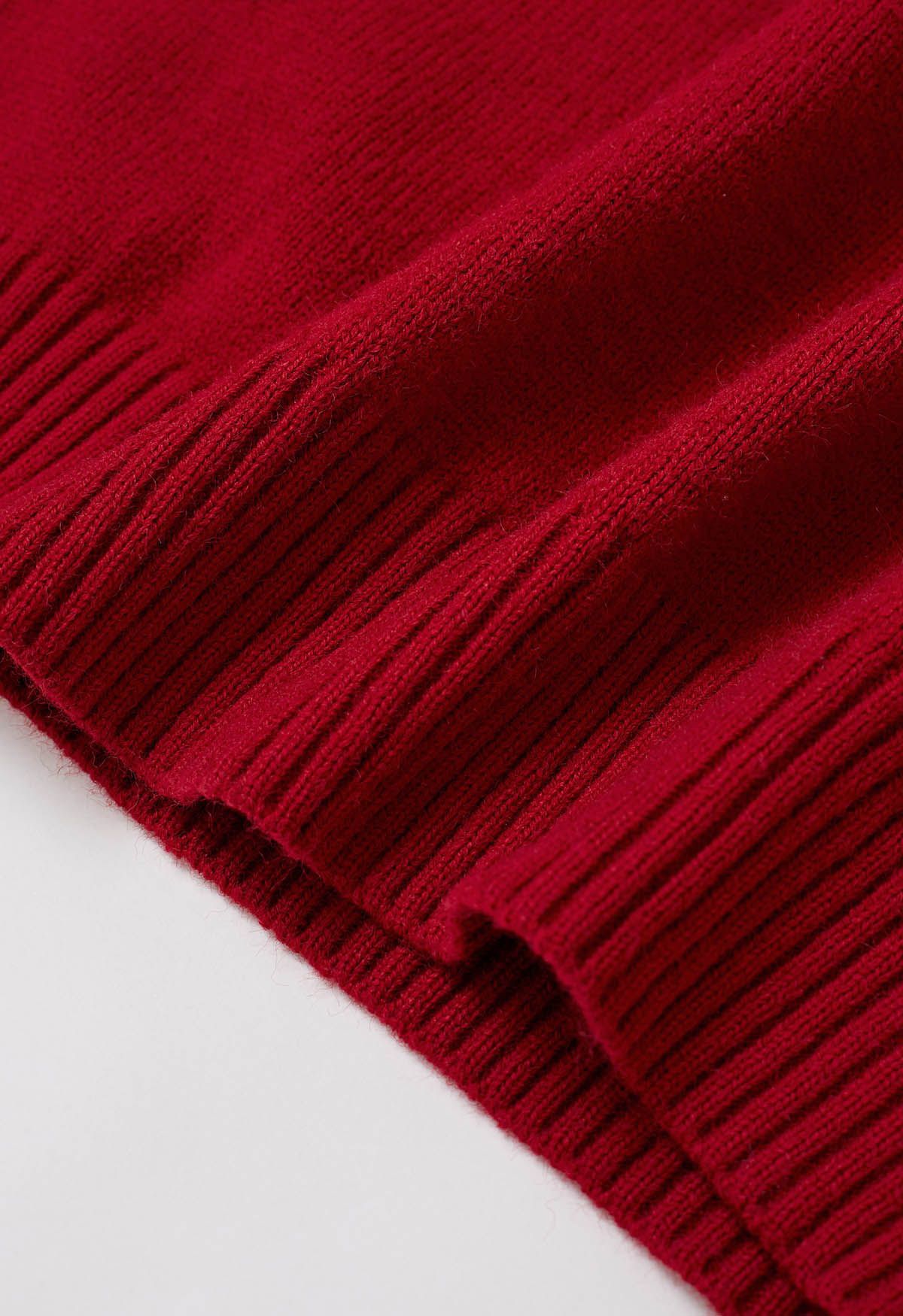 Robe pull en tricot rouge confortable à épaules tombantes avec écharpe à pompons