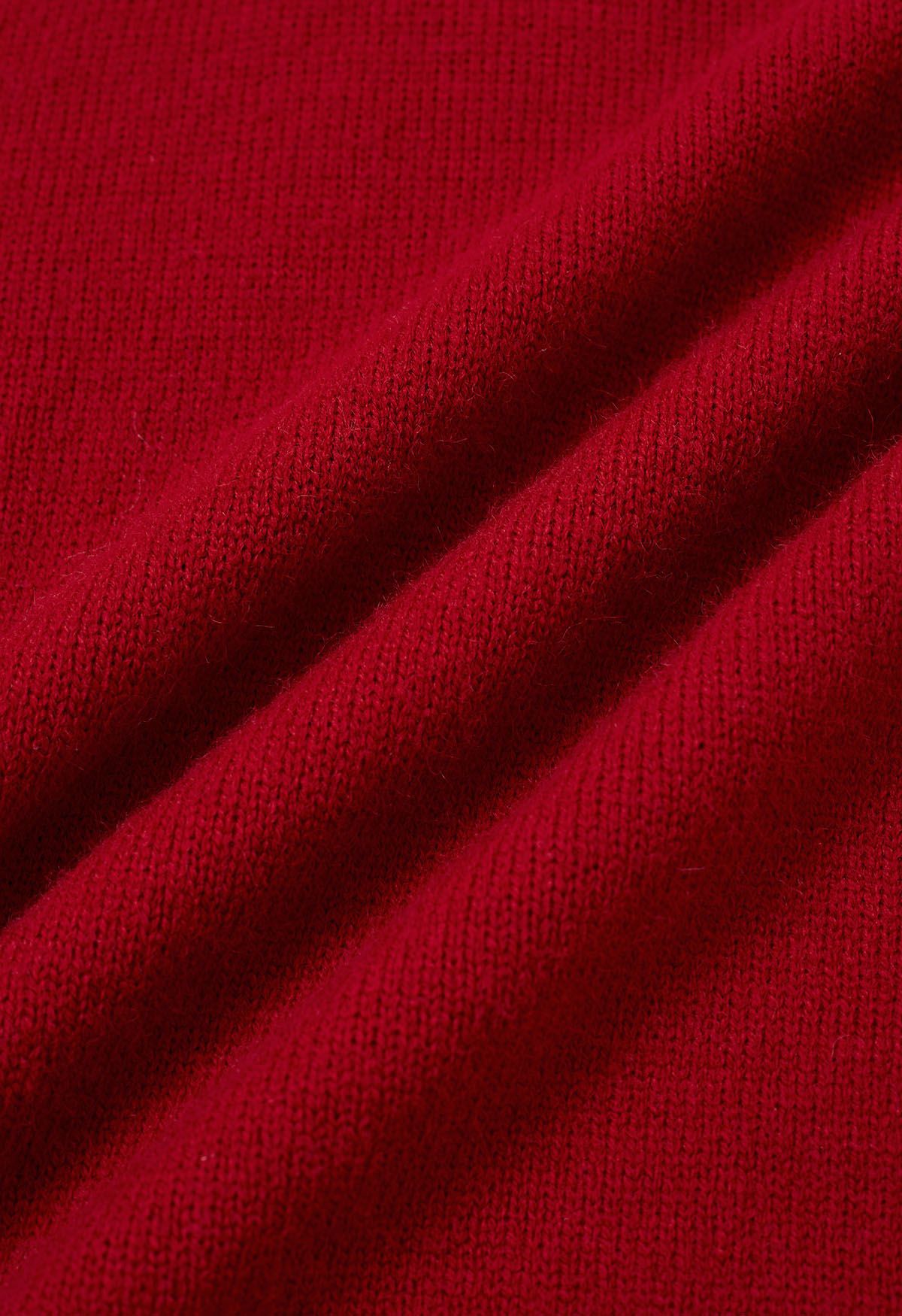 Robe pull en tricot rouge confortable à épaules tombantes avec écharpe à pompons