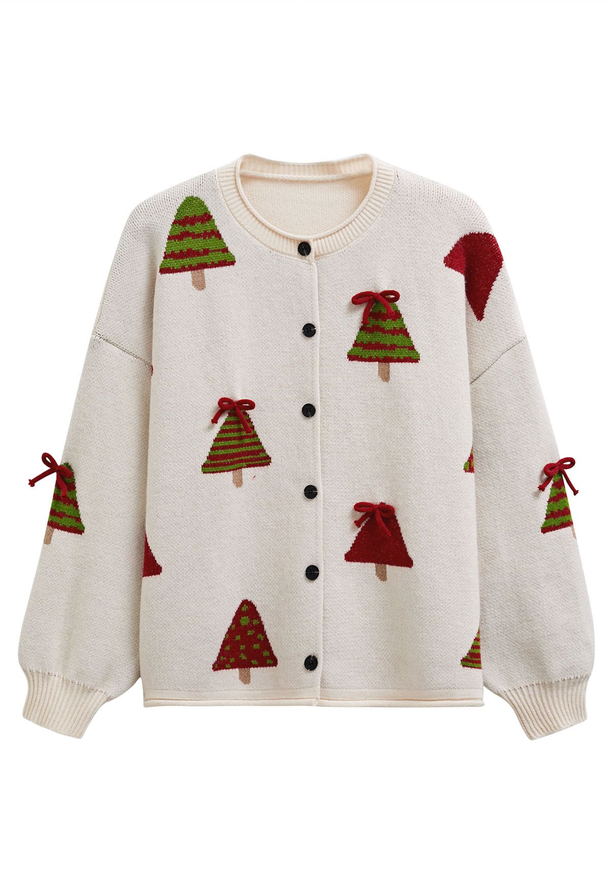 Cardigan boutonné en tricot avec nœud papillon 3D et motif sapin de Noël en flocons d'avoine