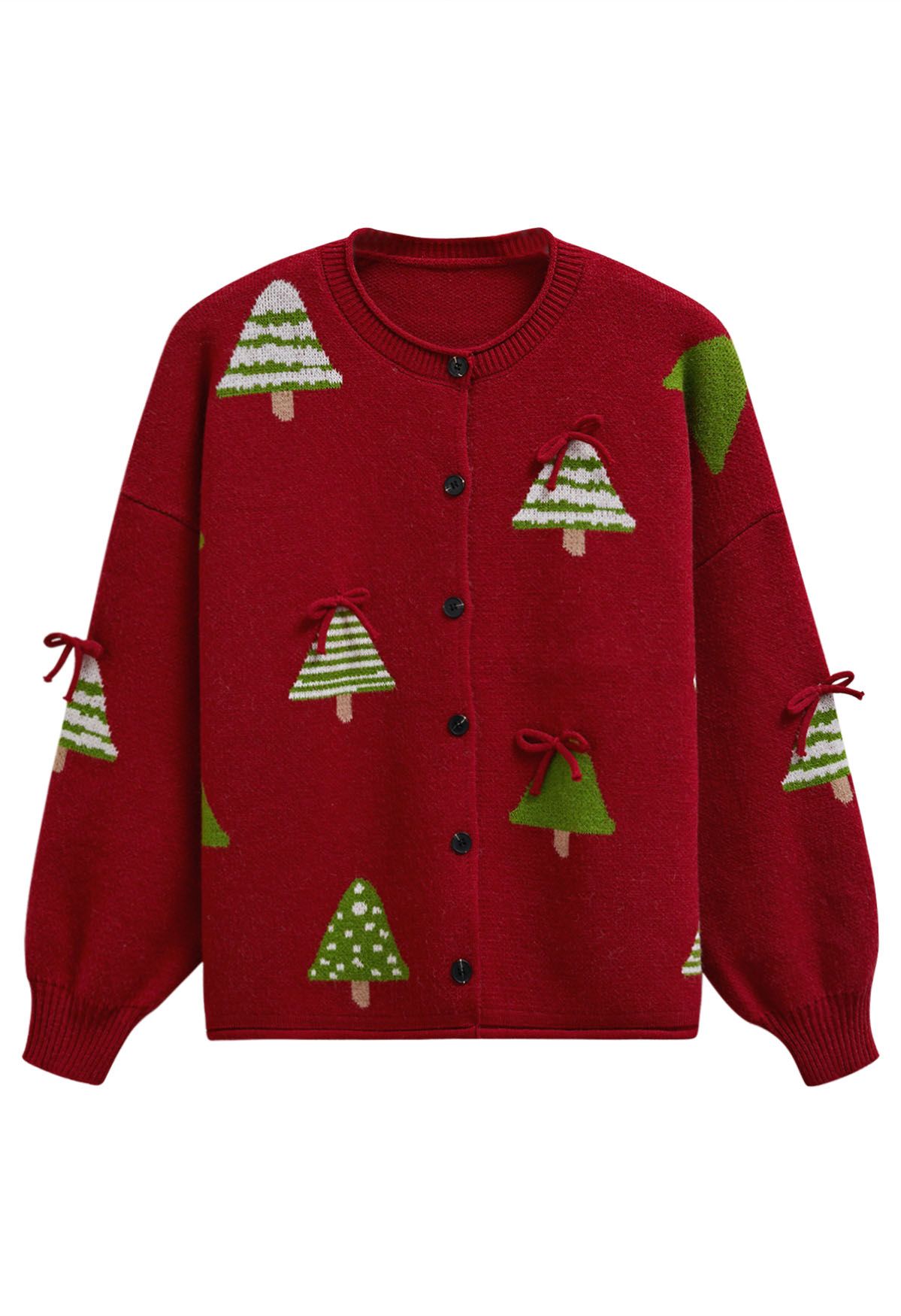 Cardigan boutonné en tricot avec nœud papillon 3D et motif sapin de Noël en rouge