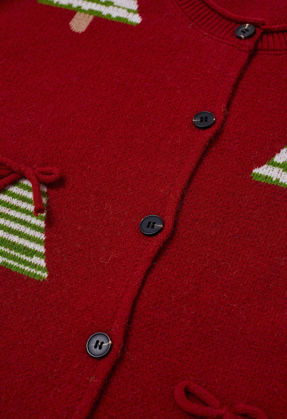 Cardigan boutonné en tricot avec nœud papillon 3D et motif sapin de Noël en rouge