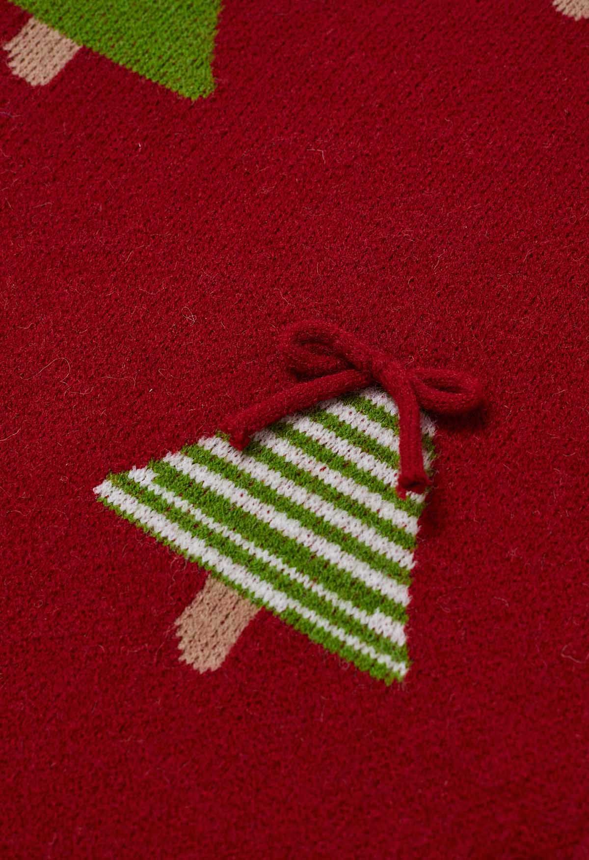 Cardigan boutonné en tricot avec nœud papillon 3D et motif sapin de Noël en rouge