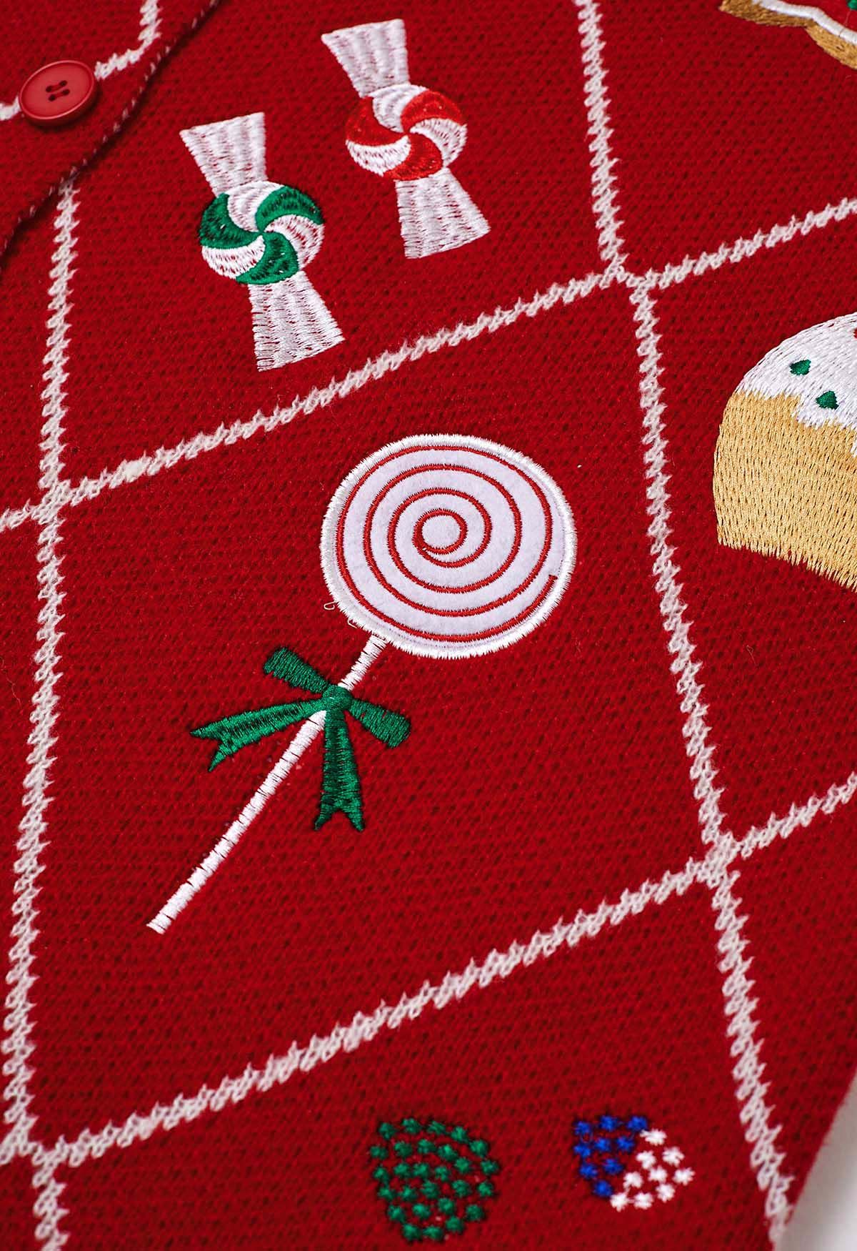 Cardigan boutonné en tricot de pain d'épices de Noël en rouge