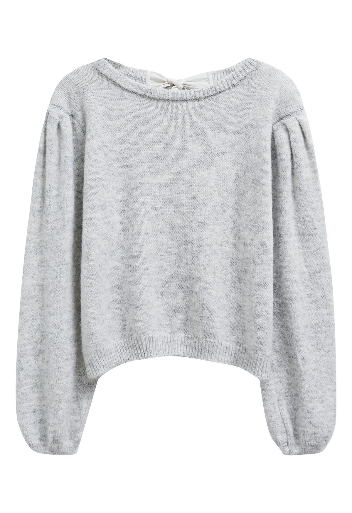 Pull en tricot à manches bouffantes et nœud dans le dos en gris