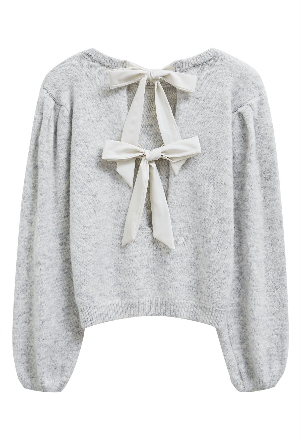 Pull en tricot à manches bouffantes et nœud dans le dos en gris