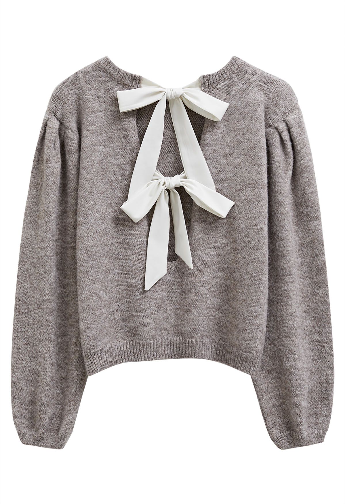 Pull en tricot à manches bouffantes et nœud dans le dos en taupe