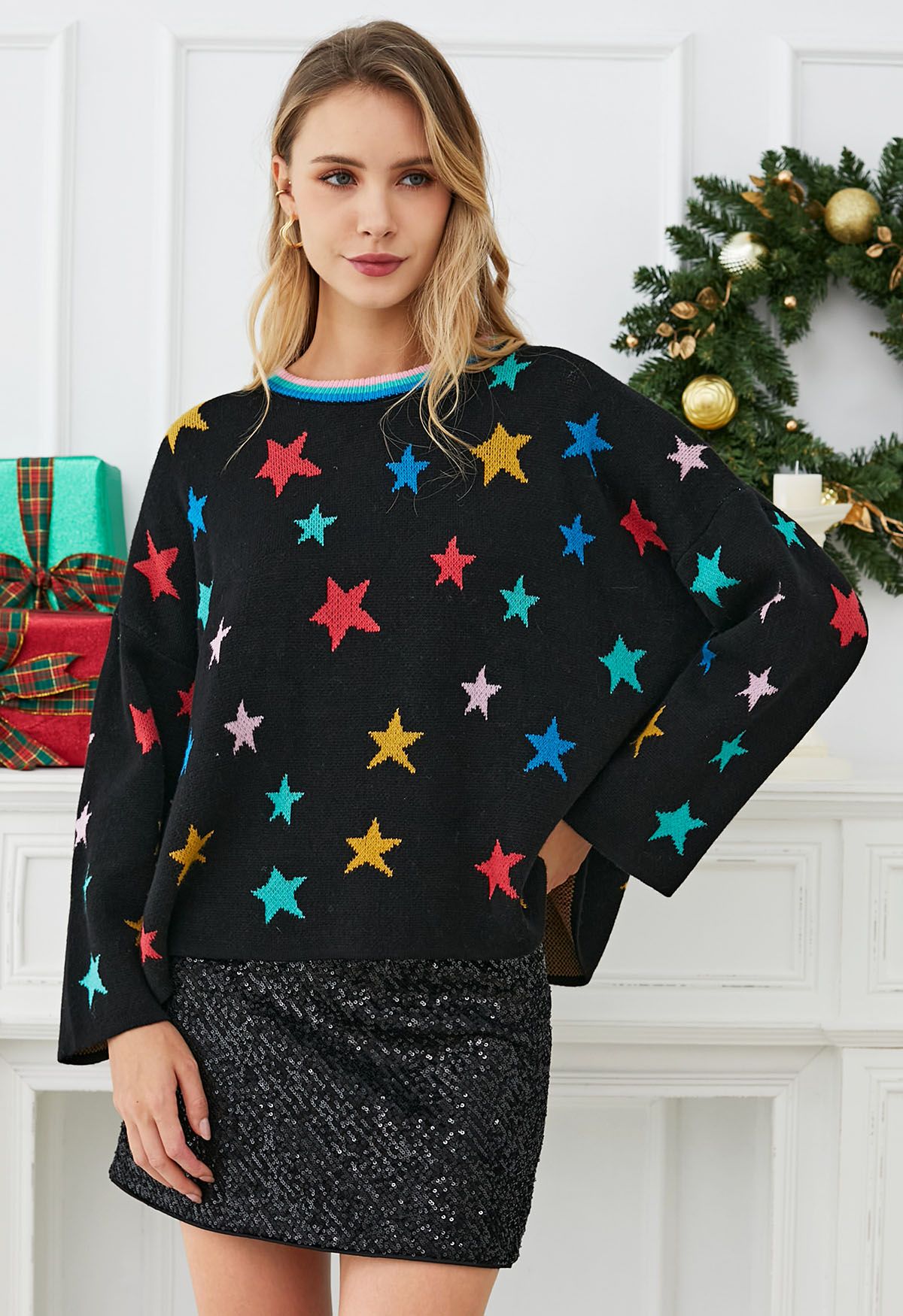 Pull en tricot à manches cloches Cosmic Charm Star en noir