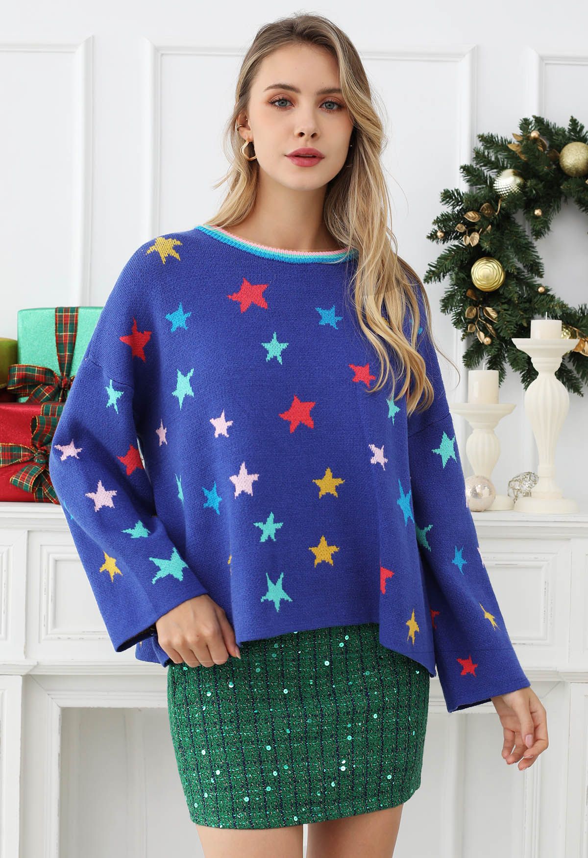 Pull en tricot à manches cloches Cosmic Charm Star en bleu roi