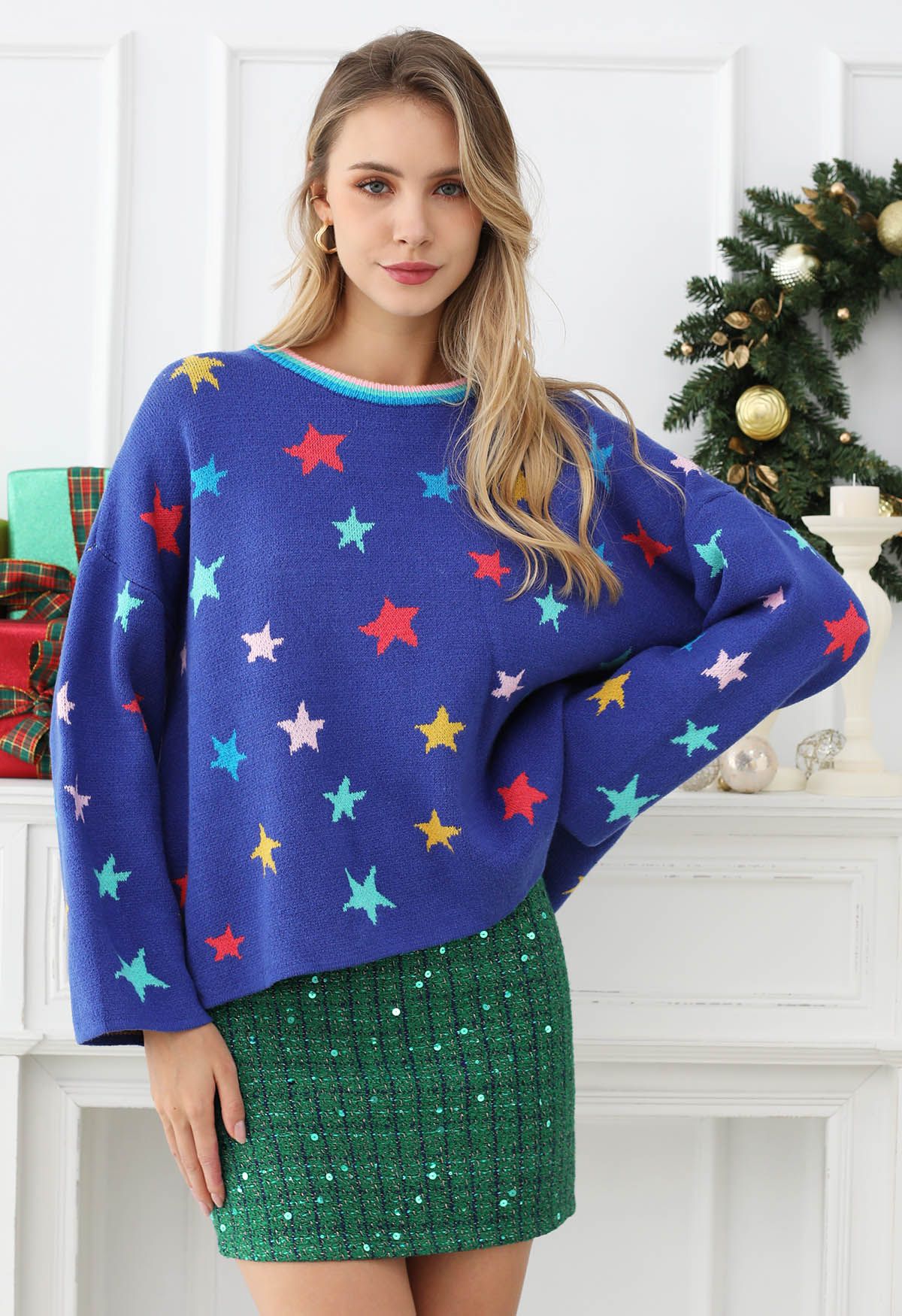 Pull en tricot à manches cloches Cosmic Charm Star en bleu roi