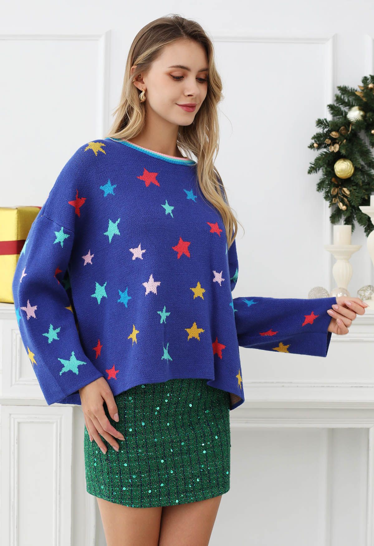 Pull en tricot à manches cloches Cosmic Charm Star en bleu roi