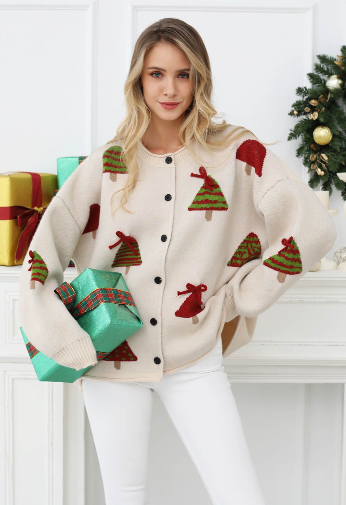 Cardigan boutonné en tricot avec nœud papillon 3D et motif sapin de Noël en flocons d'avoine