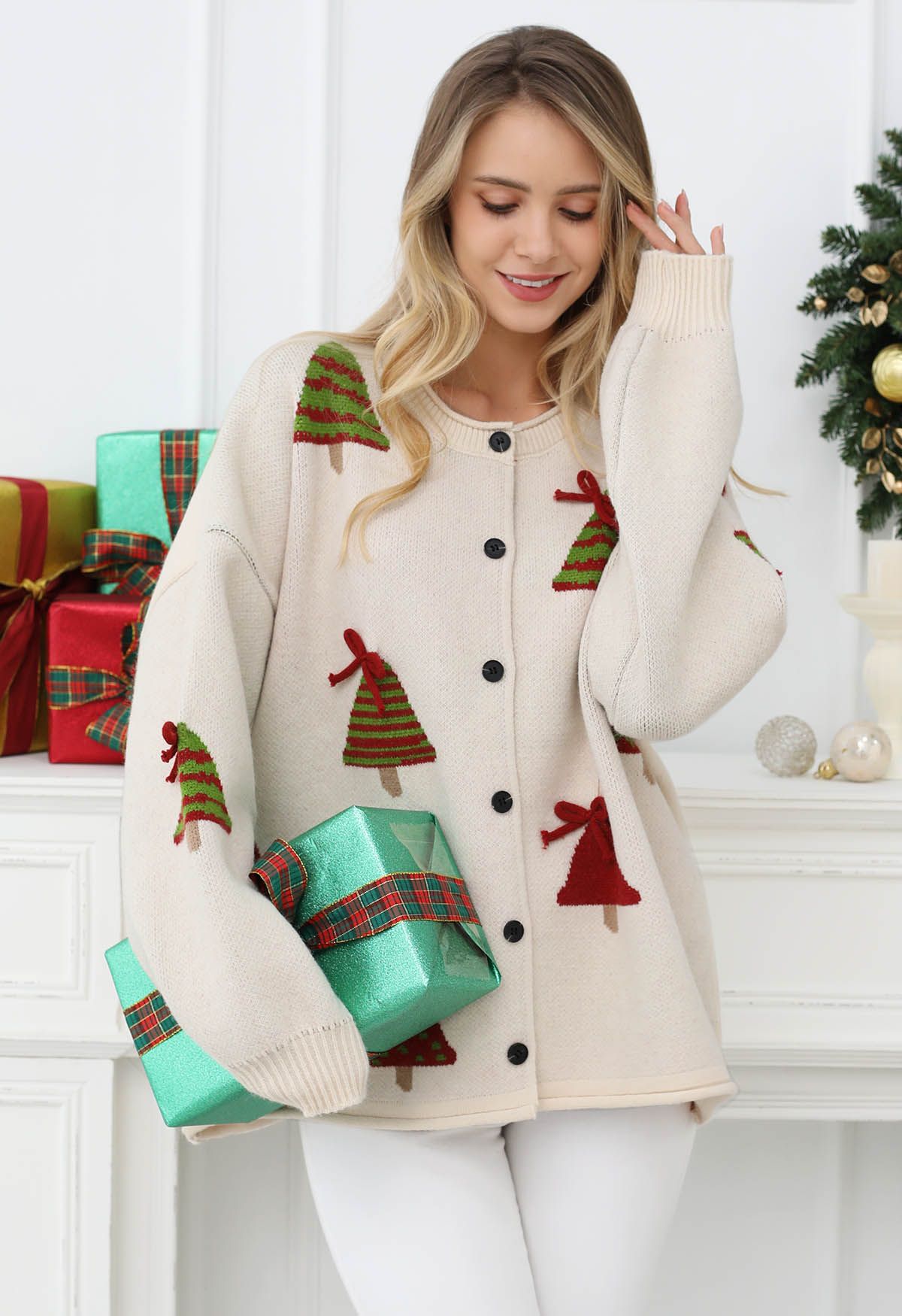 Cardigan boutonné en tricot avec nœud papillon 3D et motif sapin de Noël en flocons d'avoine