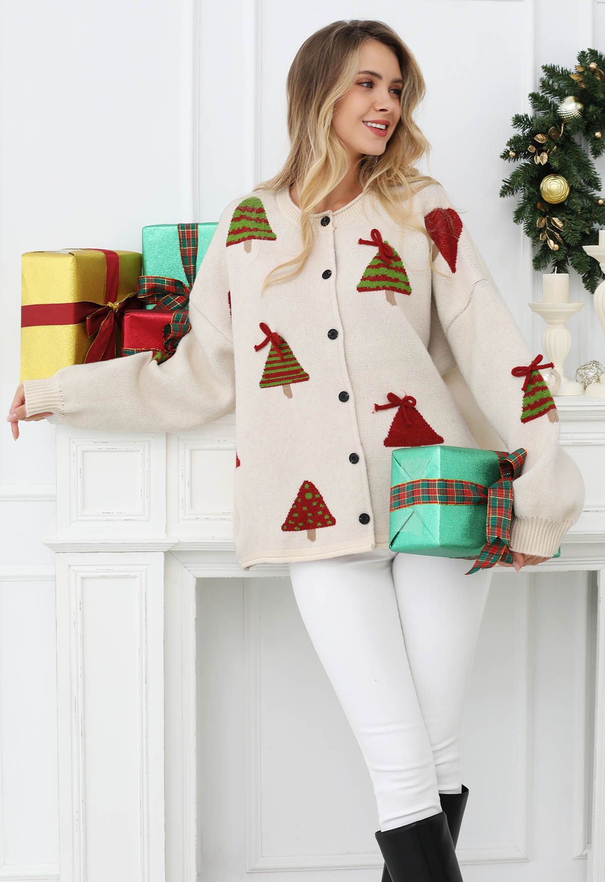 Cardigan boutonné en tricot avec nœud papillon 3D et motif sapin de Noël en flocons d'avoine