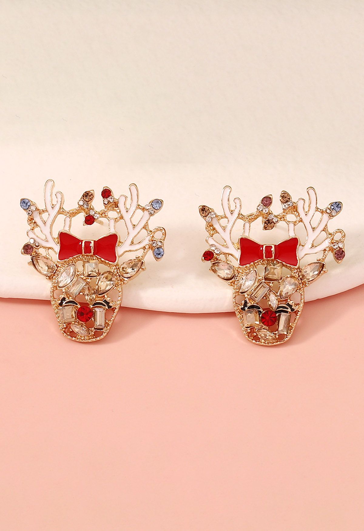 Boucles d'oreilles Golden Deer en strass avec nœud rouge et déversement de pétrole