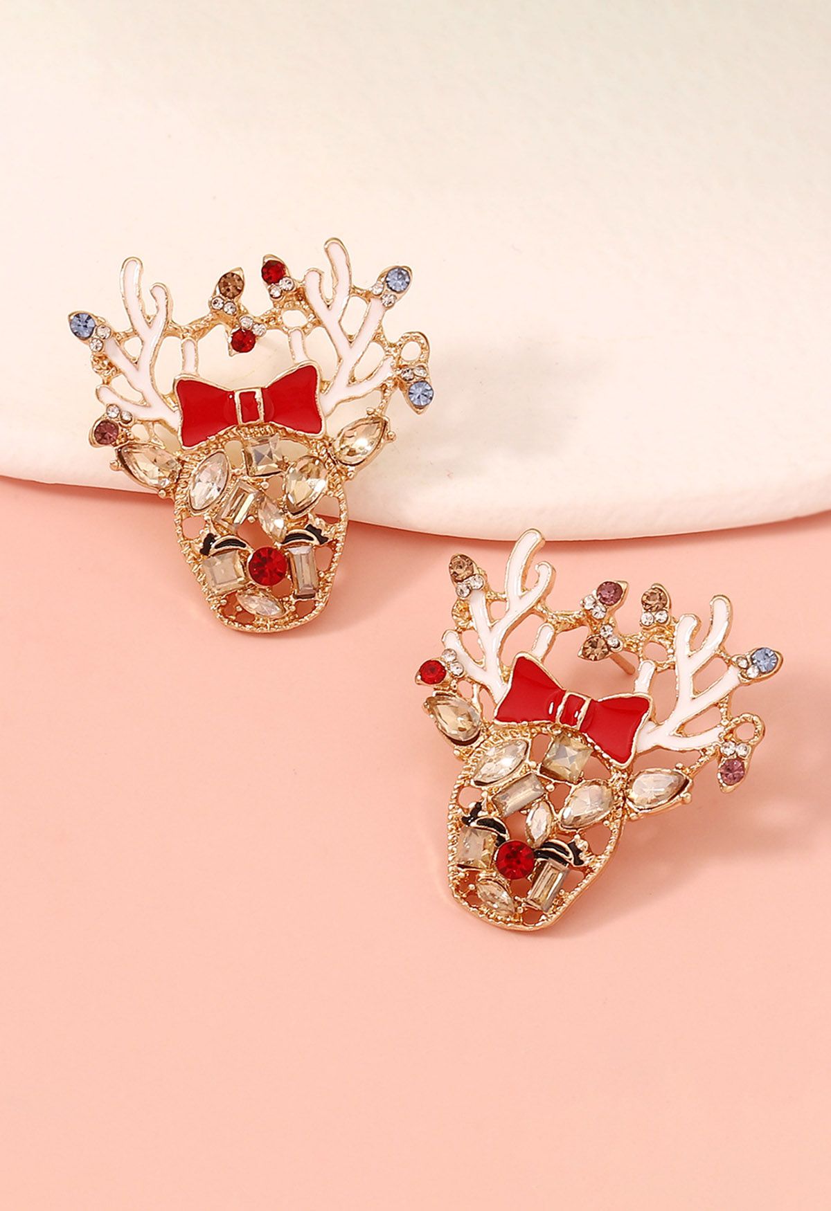 Boucles d'oreilles Golden Deer en strass avec nœud rouge et déversement de pétrole