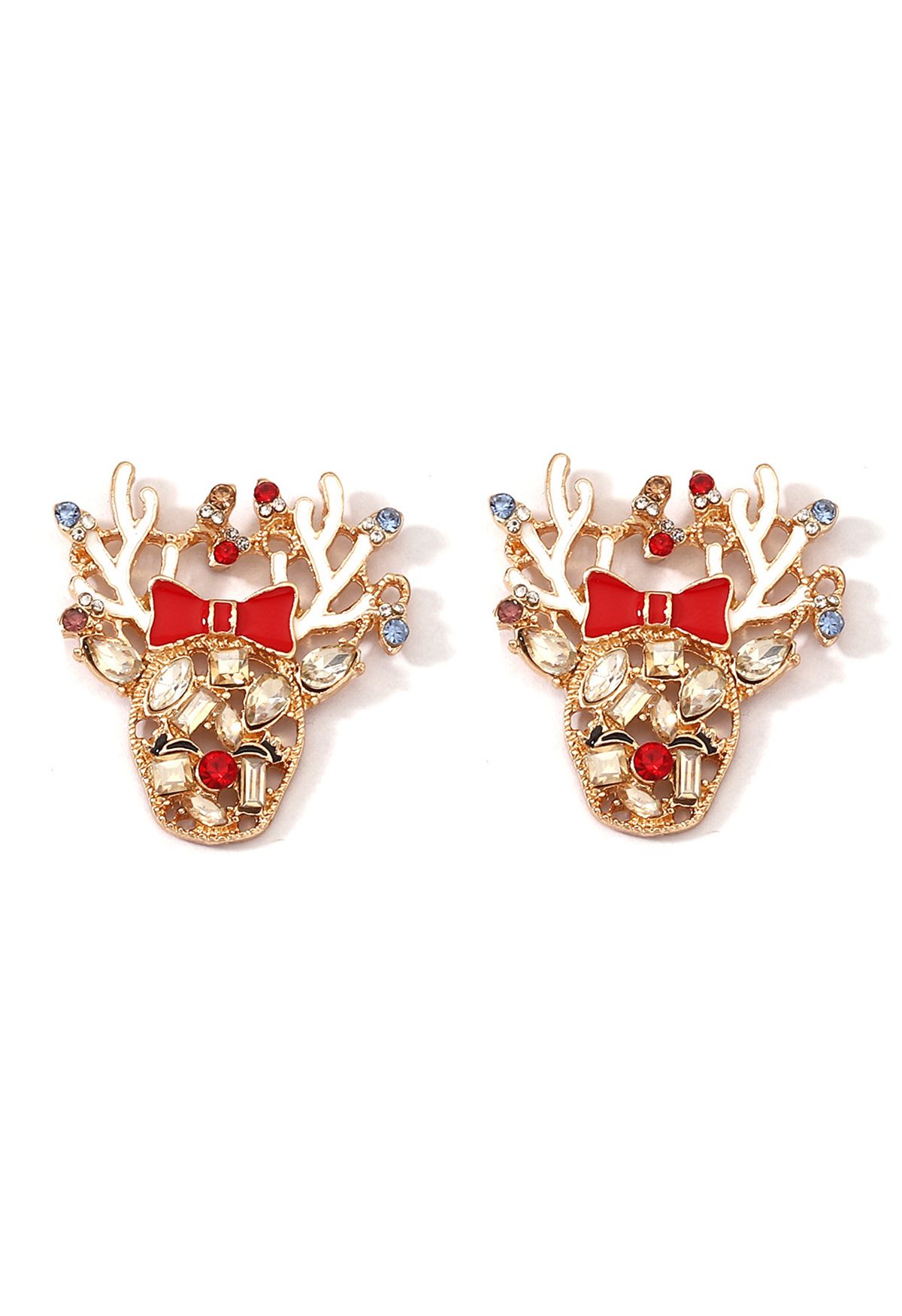 Boucles d'oreilles Golden Deer en strass avec nœud rouge et déversement de pétrole