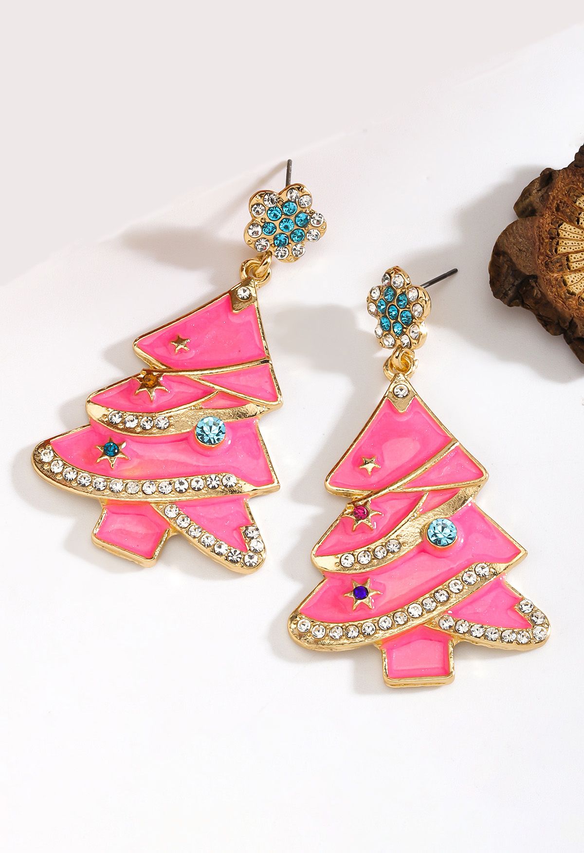 Boucles d'oreilles sapin de Noël rose brillant