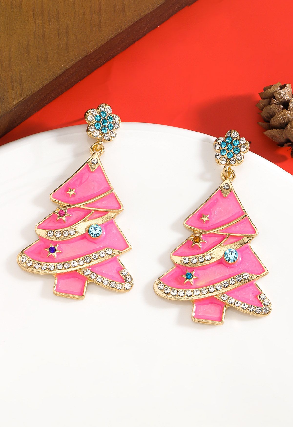 Boucles d'oreilles sapin de Noël rose brillant