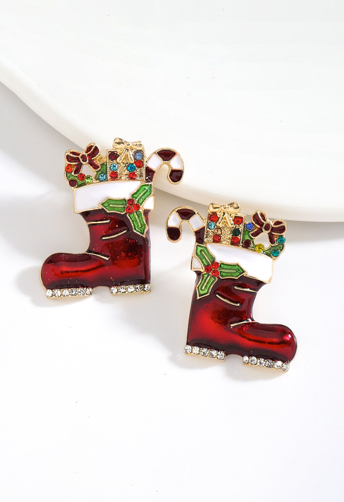 Boucles d'oreilles de Noël en forme de bottes avec ornement festif