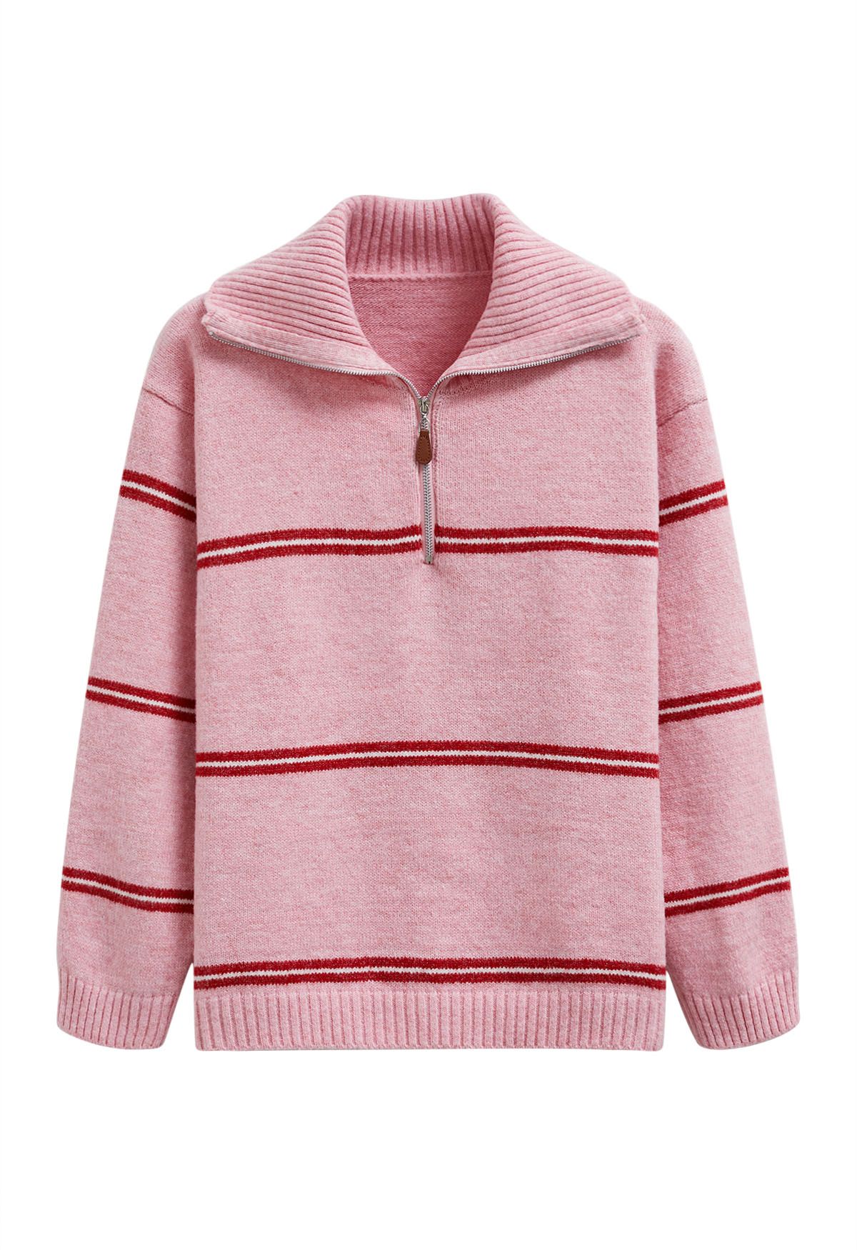 Pull en tricot à rayures sportives et col zippé en rose