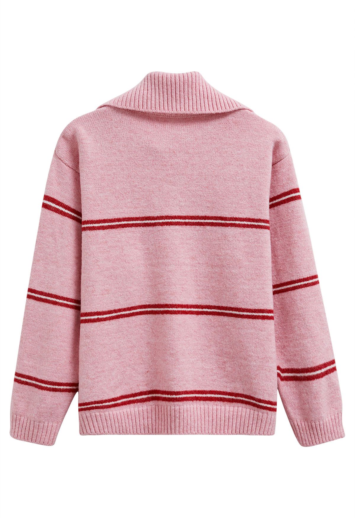 Pull en tricot à rayures sportives et col zippé en rose