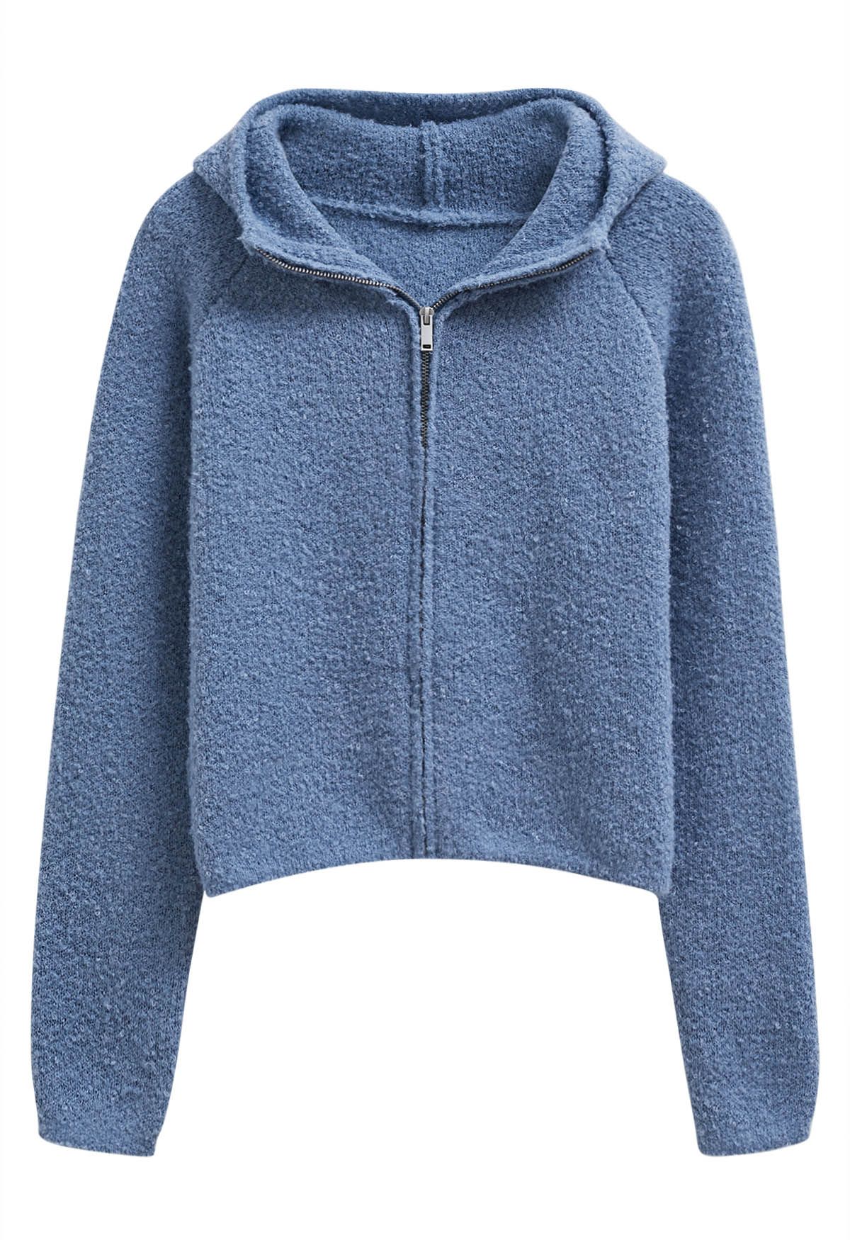 Cardigan zippé à capuche Winter Essentials en tricot bleu