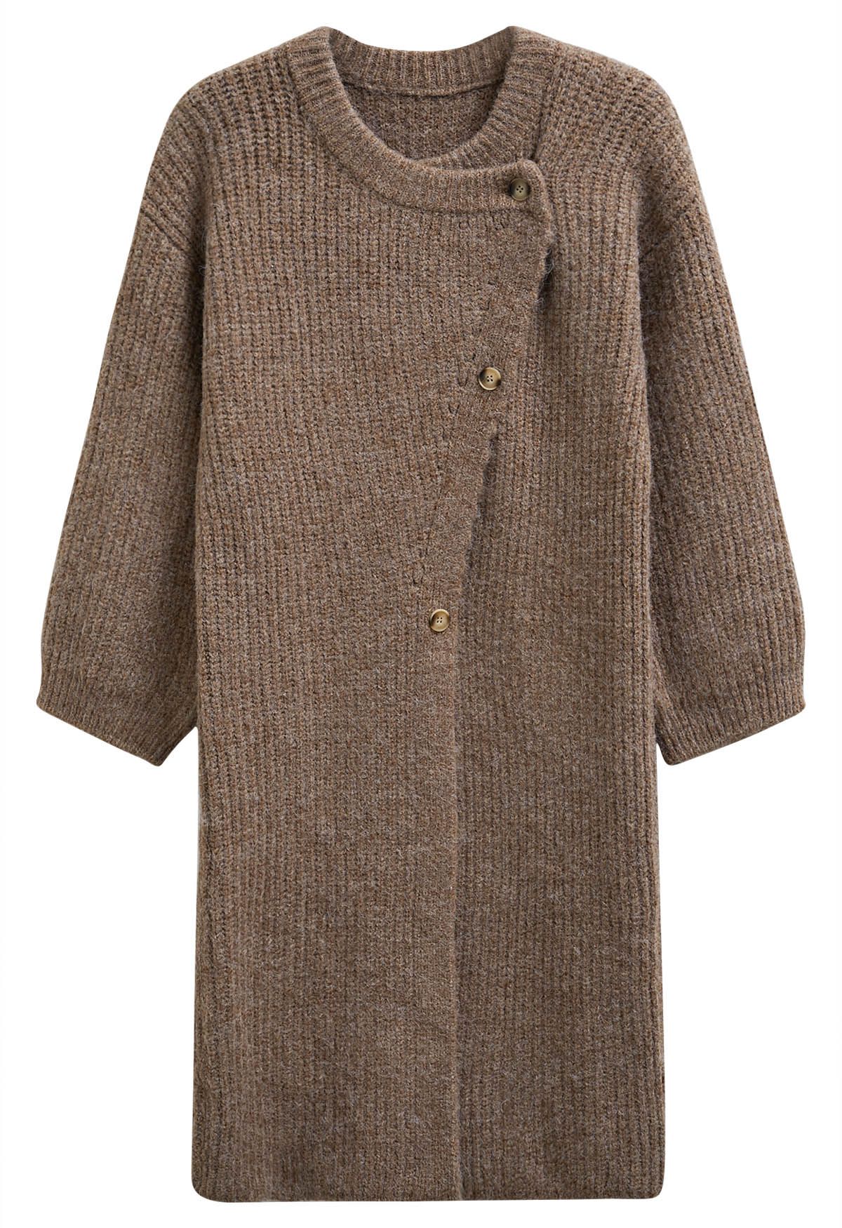 Cardigan long en tricot boutonné asymétrique enveloppé de chaleur en marron