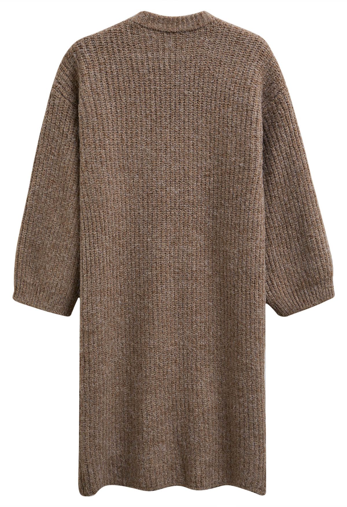 Cardigan long en tricot boutonné asymétrique enveloppé de chaleur en marron