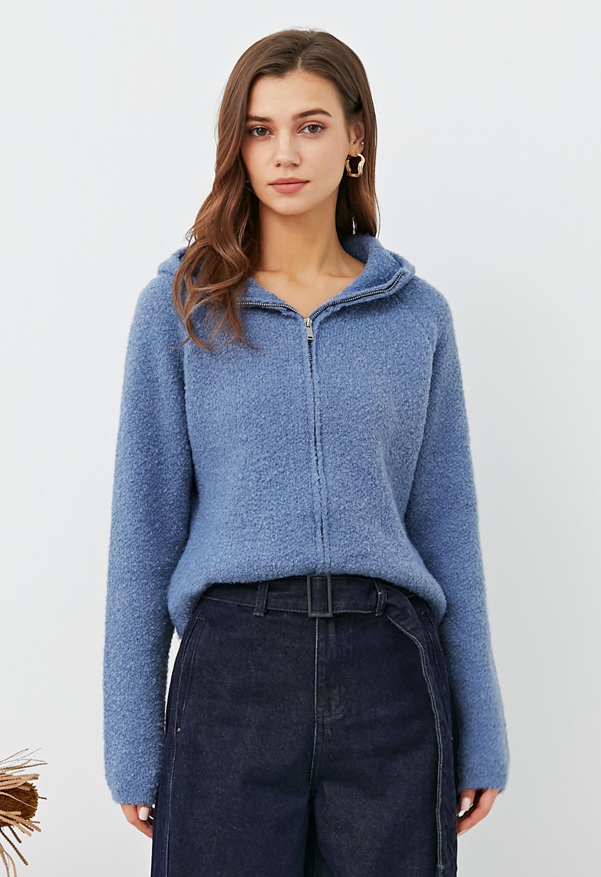 Cardigan zippé à capuche Winter Essentials en tricot bleu