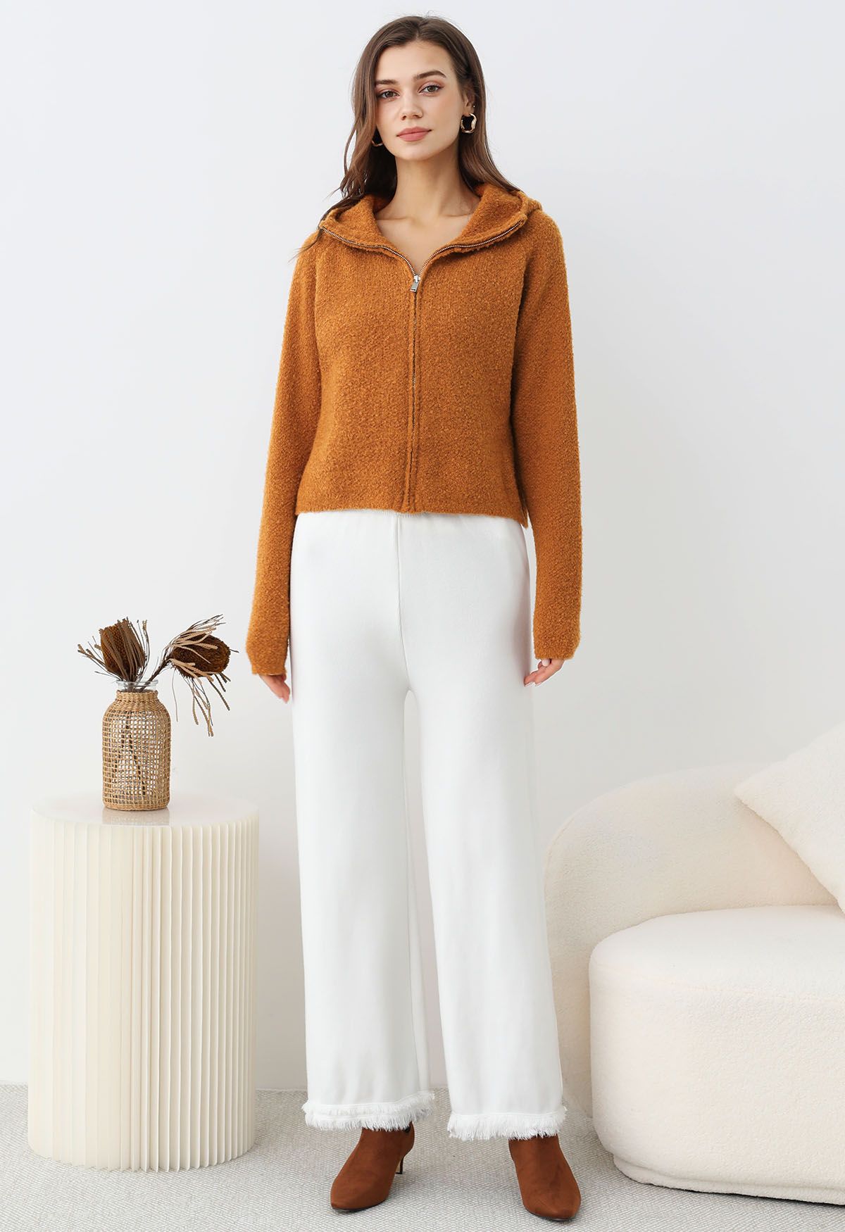 Cardigan zippé à capuche en tricot orange Winter Essentials