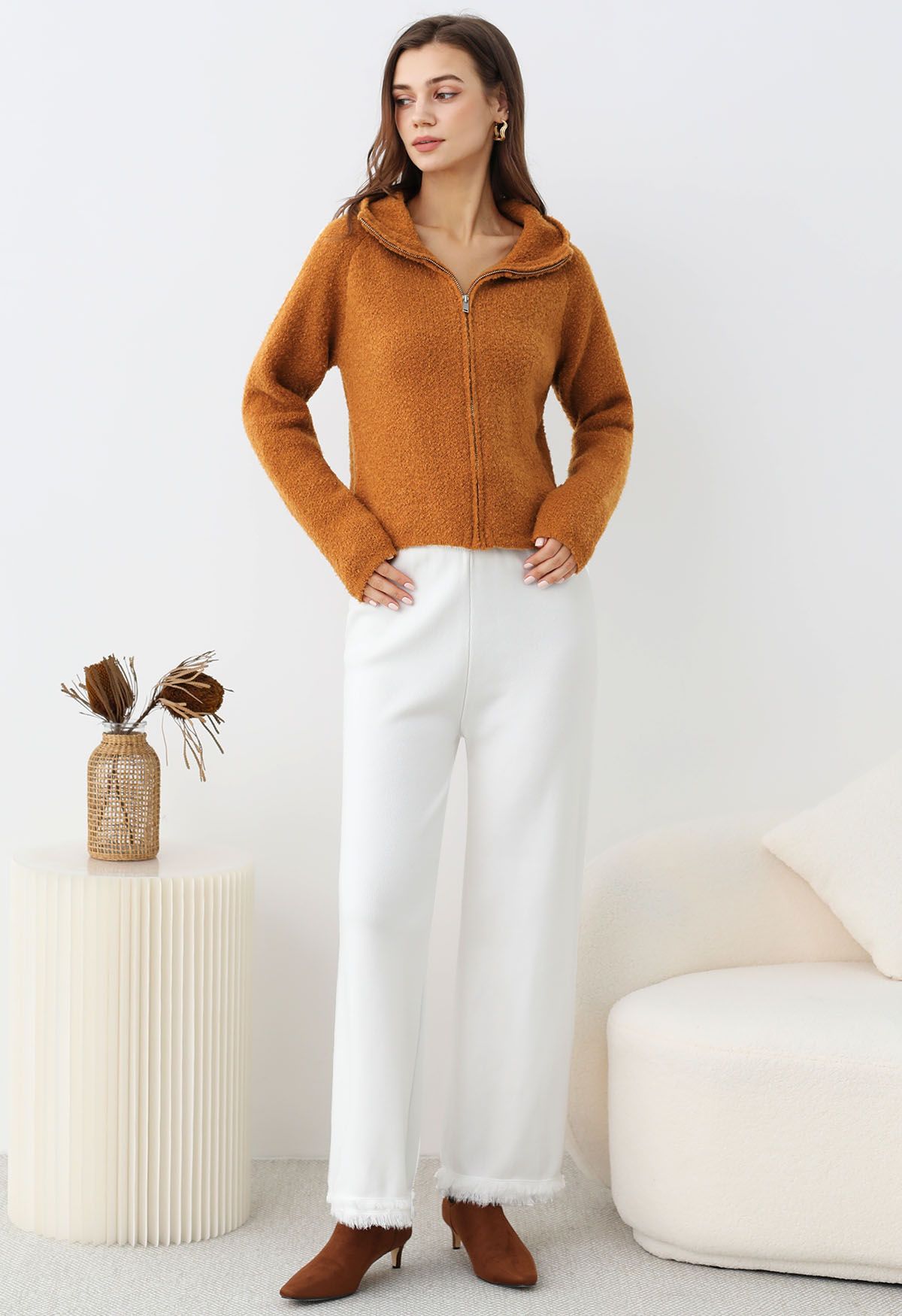 Cardigan zippé à capuche en tricot orange Winter Essentials