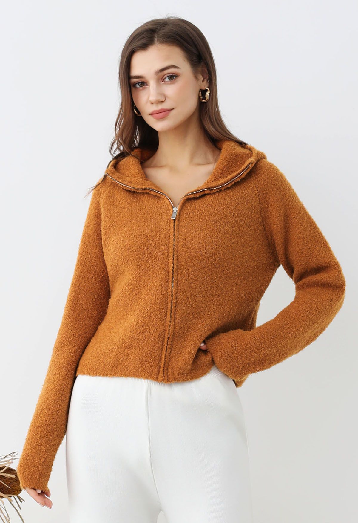 Cardigan zippé à capuche en tricot orange Winter Essentials