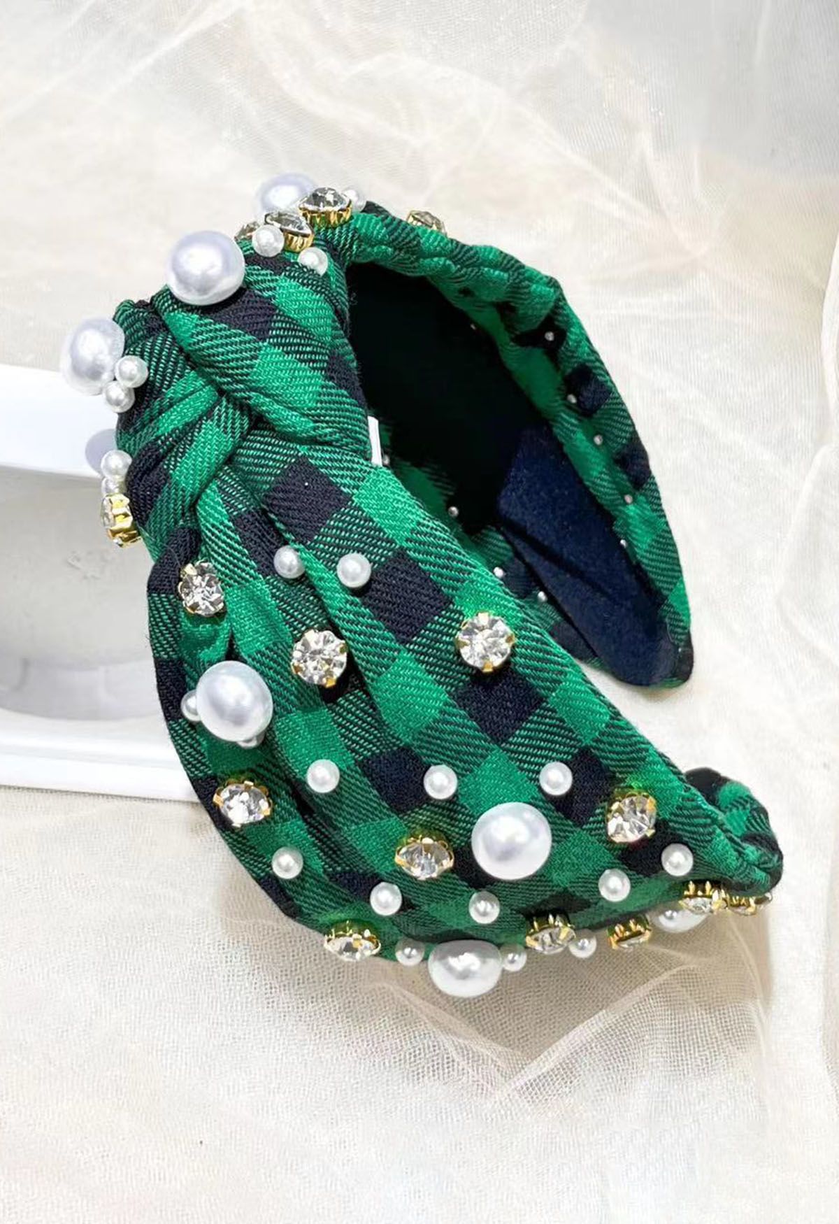 Bandeau classique à carreaux et perles en strass en vert