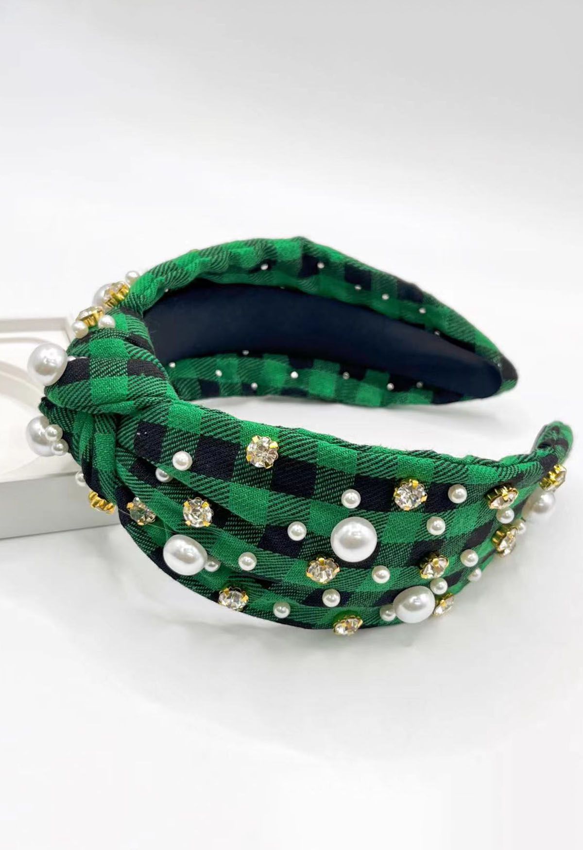 Bandeau classique à carreaux et perles en strass en vert