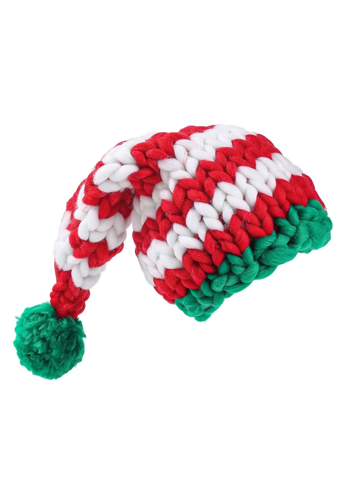 Bonnet de Noël tricoté à la main avec pompon tressé à rayures