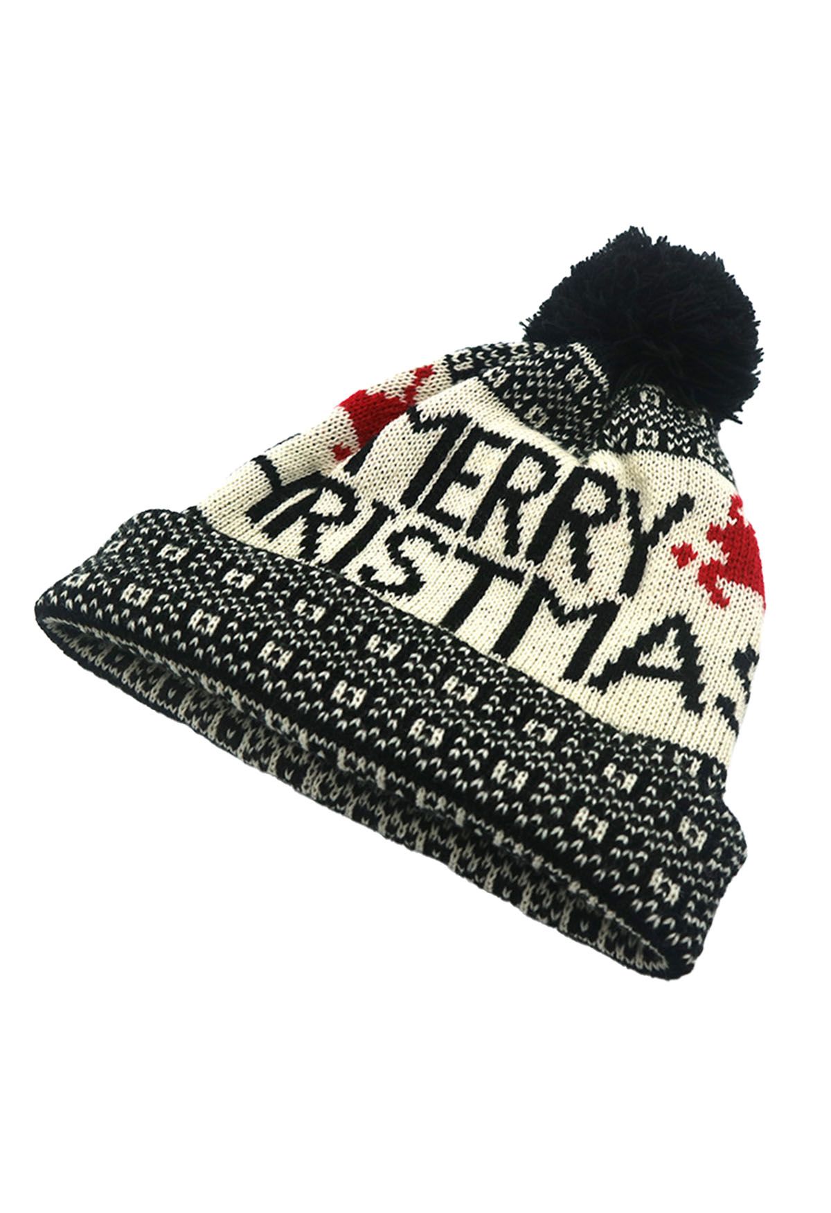 Bonnet tricoté avec lettres de Noël en noir