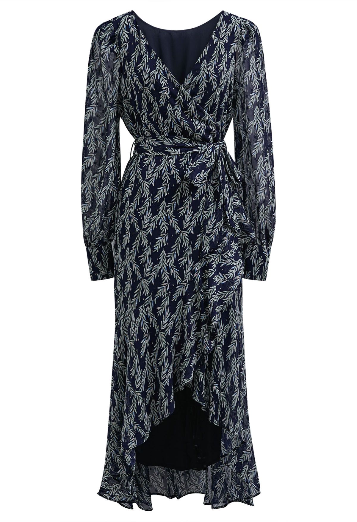 Robe longue asymétrique à volants et à surplis avec feuilles ondulantes