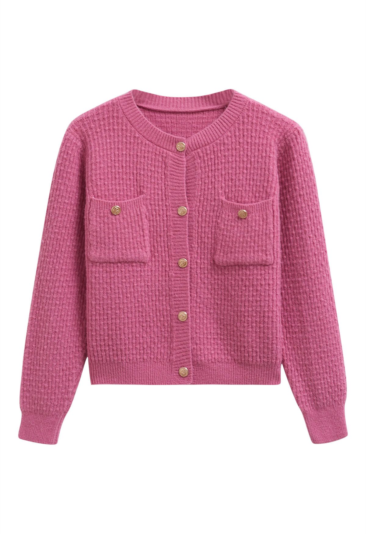 Embossed Dots Patch Pocket Buttoned Knit Cardigan in Pink