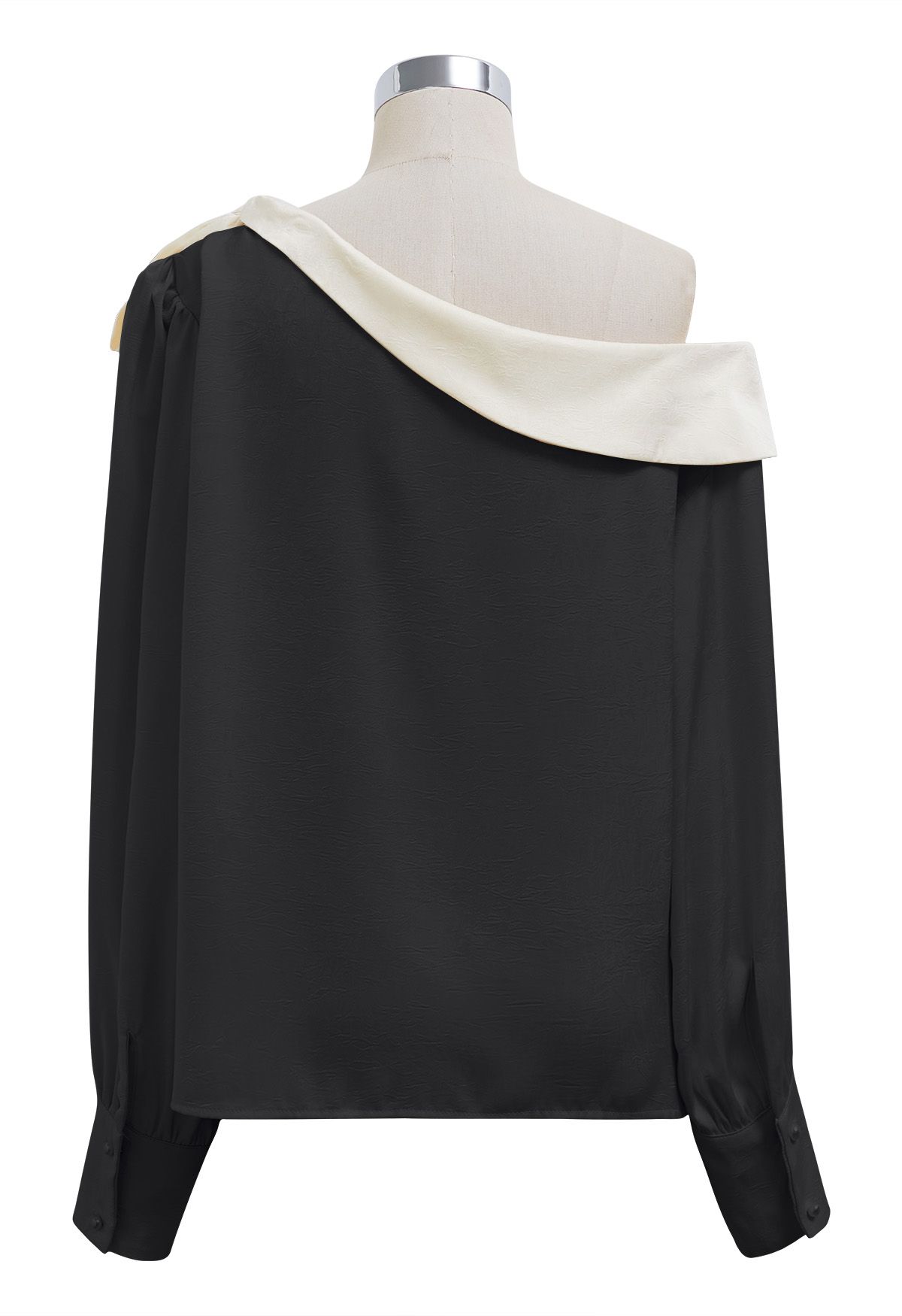 One-Shoulder Bowknot Contrast Flap Satin Top in Black