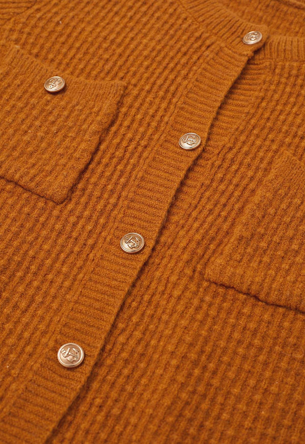 Embossed Dots Patch Pocket Buttoned Knit Cardigan in Orange